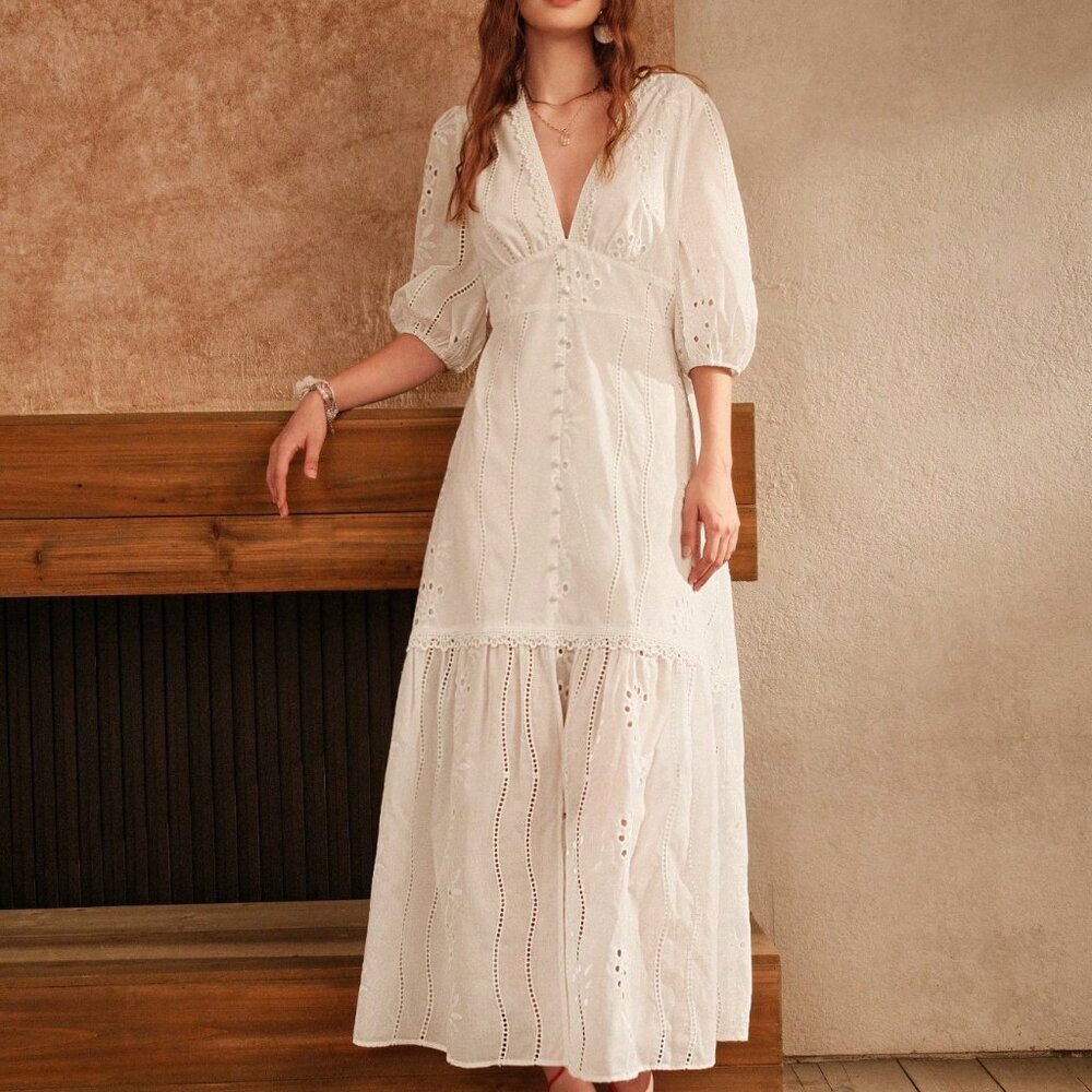 White Elegant Women's V-Neck Slit Lace Floor-Length Maxi Dress - Picture 10 of 10
